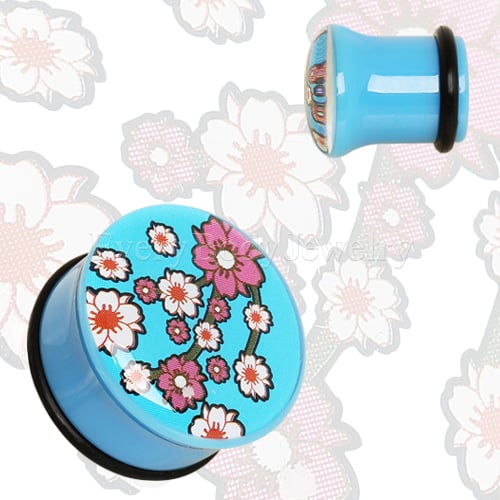 Blue UV Acrylic Oriental Flower Blossom Single Flare Plug with O-Ring