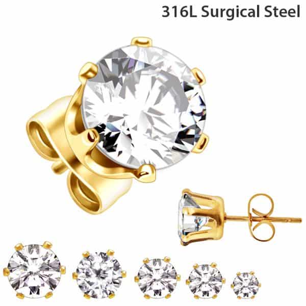 Round CZ prong style earrings in surgical steel