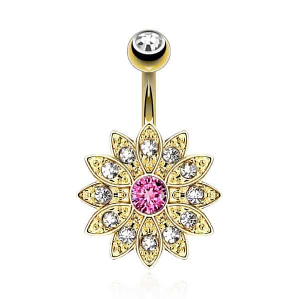 Paved Gems Flower with Center CZ 14kt Gold Plated Navel Ring