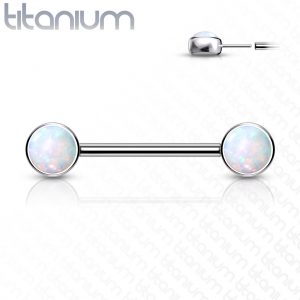 Implant Grade Titanium Threadless Push in Nipple Barbell with Opal Bezel Set Front Facing Flat Tops