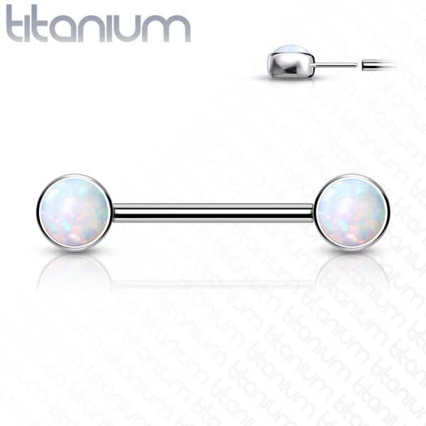 Implant Grade Titanium Threadless Push in Nipple Barbell with Opal Bezel Set Front Facing Flat Tops