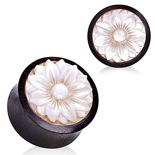 Carved white flower wooden plug piercing jewellery
