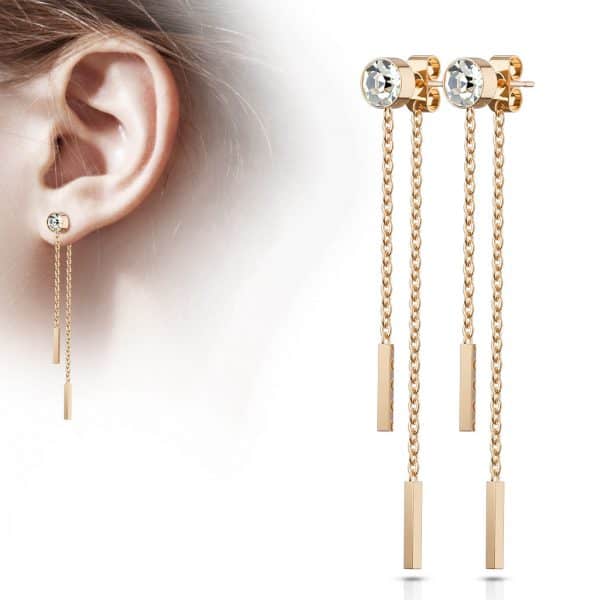 Bezel set CZ with free falling chain double bars earring studs