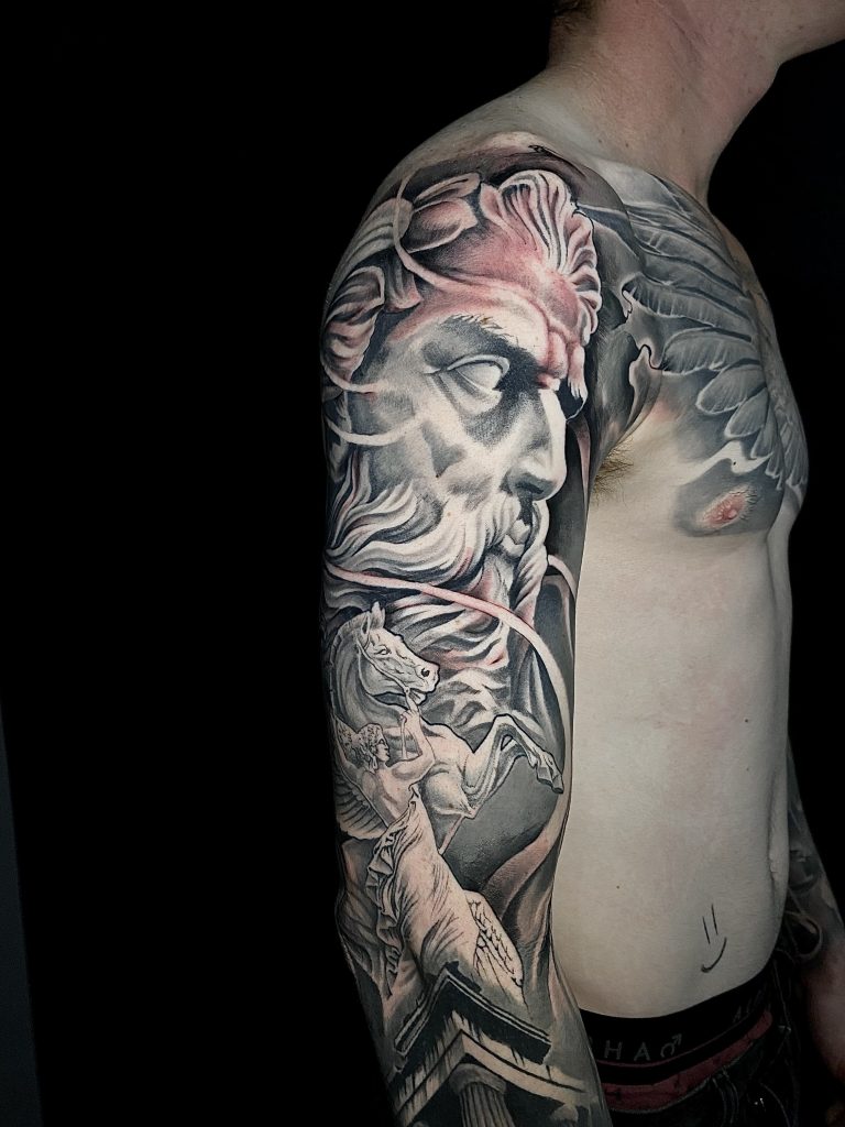 Black and white sleeve tattoo of Greek gods